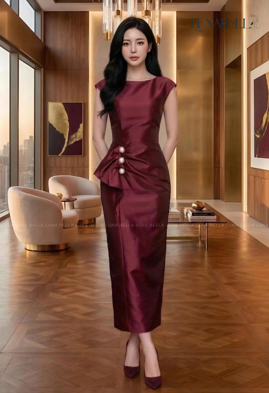 Váy tafta lụa ANELLA đính ngọc màu ĐỎ