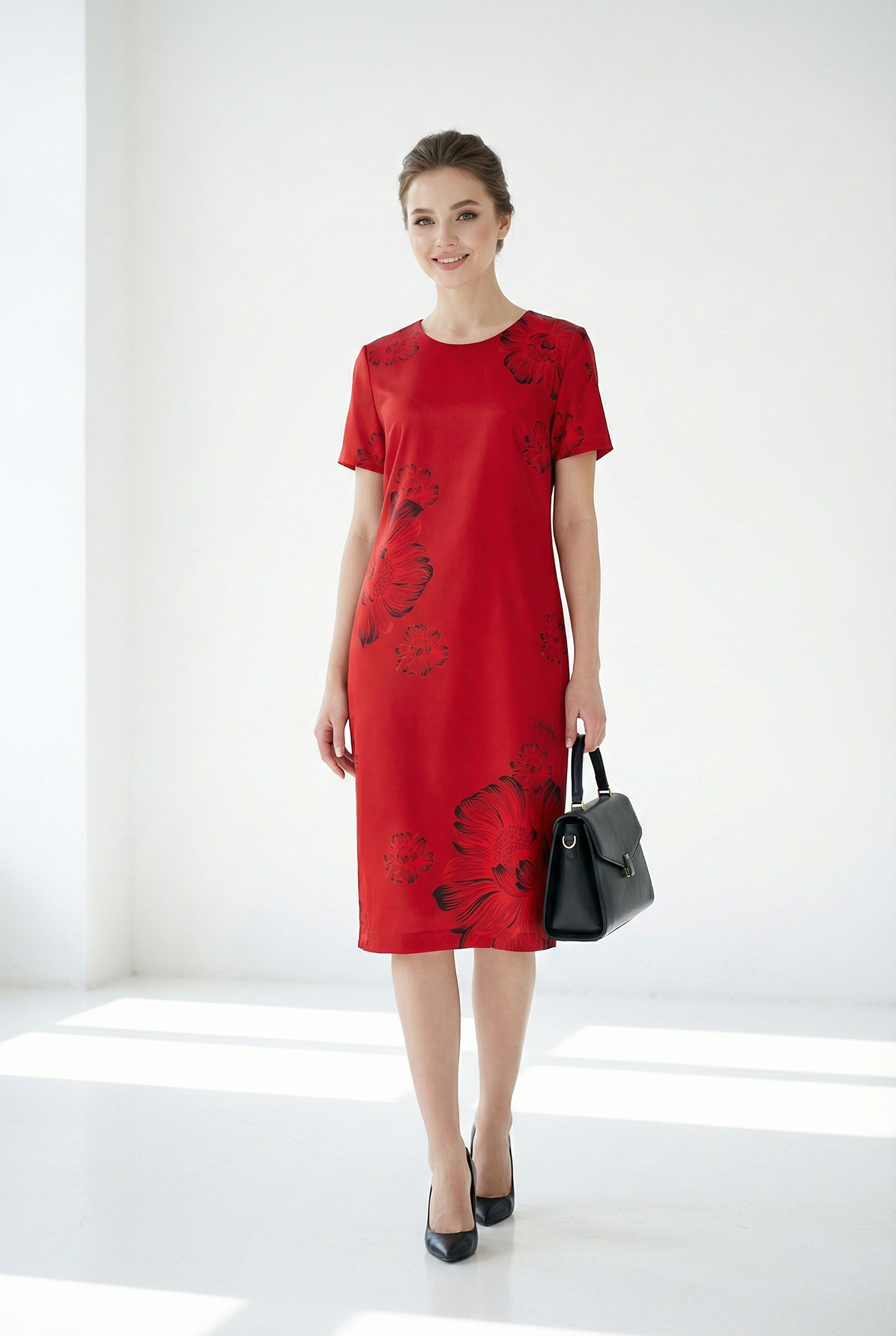 Đầm vải lụa đỏ in hoa cách điệu dáng suông cổ tròn tay ngắn thiết kế MAZANO_thumbnail_4