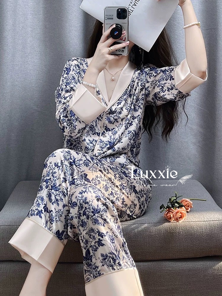 N72 Pijama lụa hoa hồng xanh