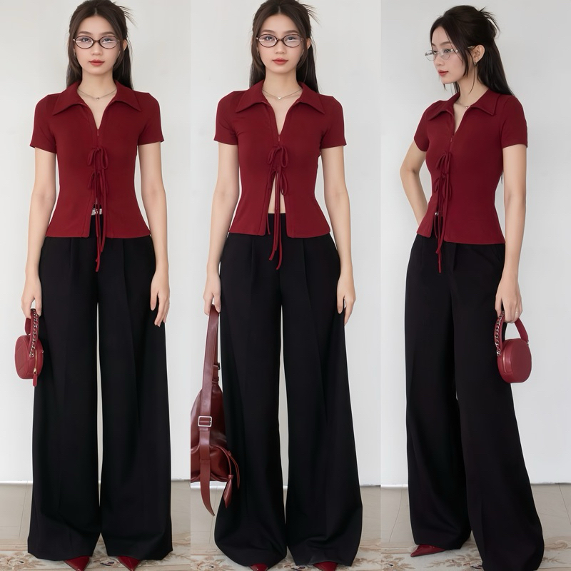 Áo polo nữ khoá zip 2 chiều thắt nơ điệu đà, áo thun đính nơ kèm khoá kéo mở 2 chiều Logastore_L112