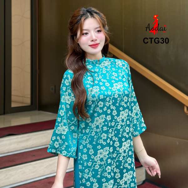 BCT30 Bộ Áo Dài Cách Tân Gấm Dáng Suông Hoa Anh Đào Cổ Cao 2cm Tay Lỡ