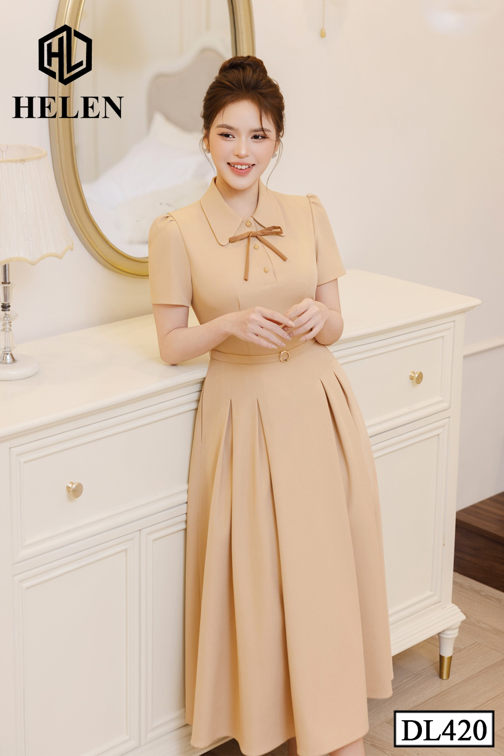 Đầm xòe nâu cổ đức đai eo DL420