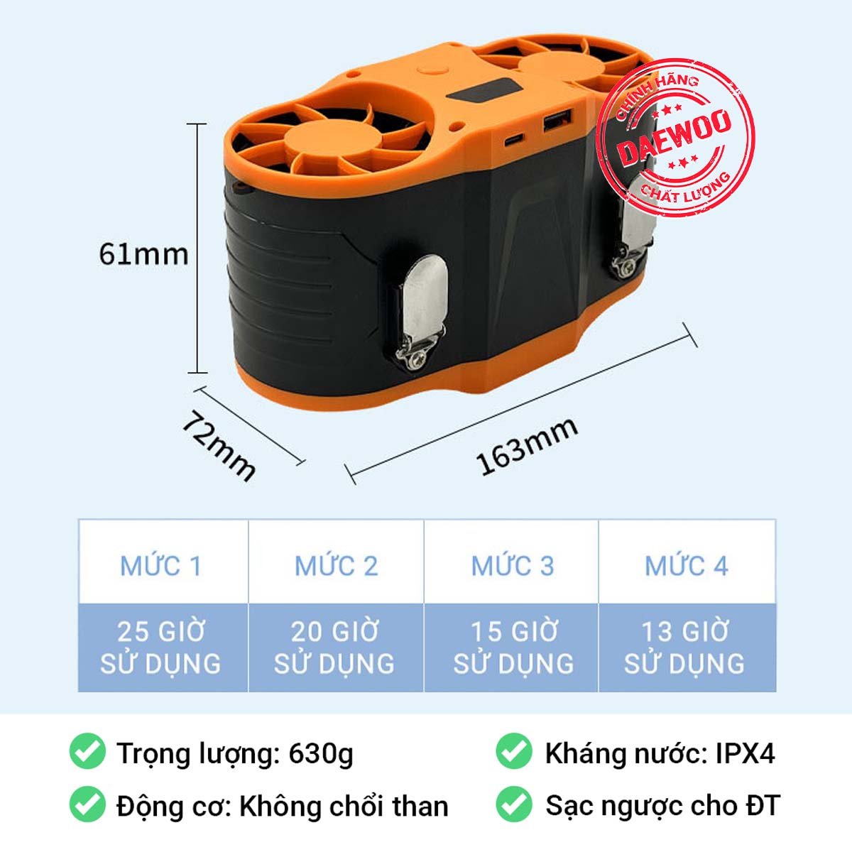 Quạt đeo thắt lưng Daewoo chính hãng Pin 20000mAh 10000mAh sử dụng liên tục 13 đến 25 giờ_thumbnail_4