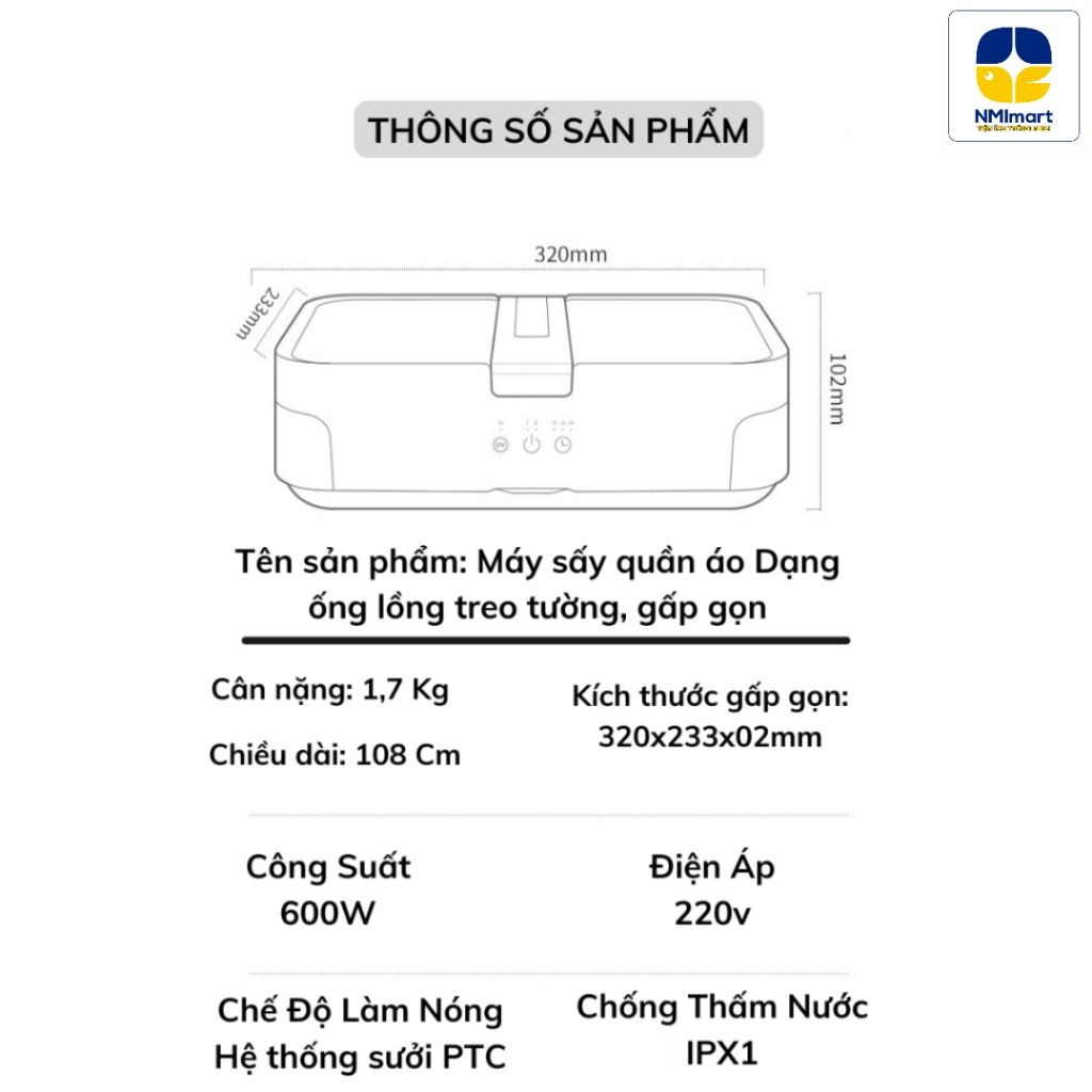 Máy Sấy Quần Áo NMIMART Đa Năng Treo Tường Gấp Gọn Khử Trùng Khử Khuẩn, 2 Chế Độ Sấy, Tiết Kiệm Diện Tích_thumbnail_8