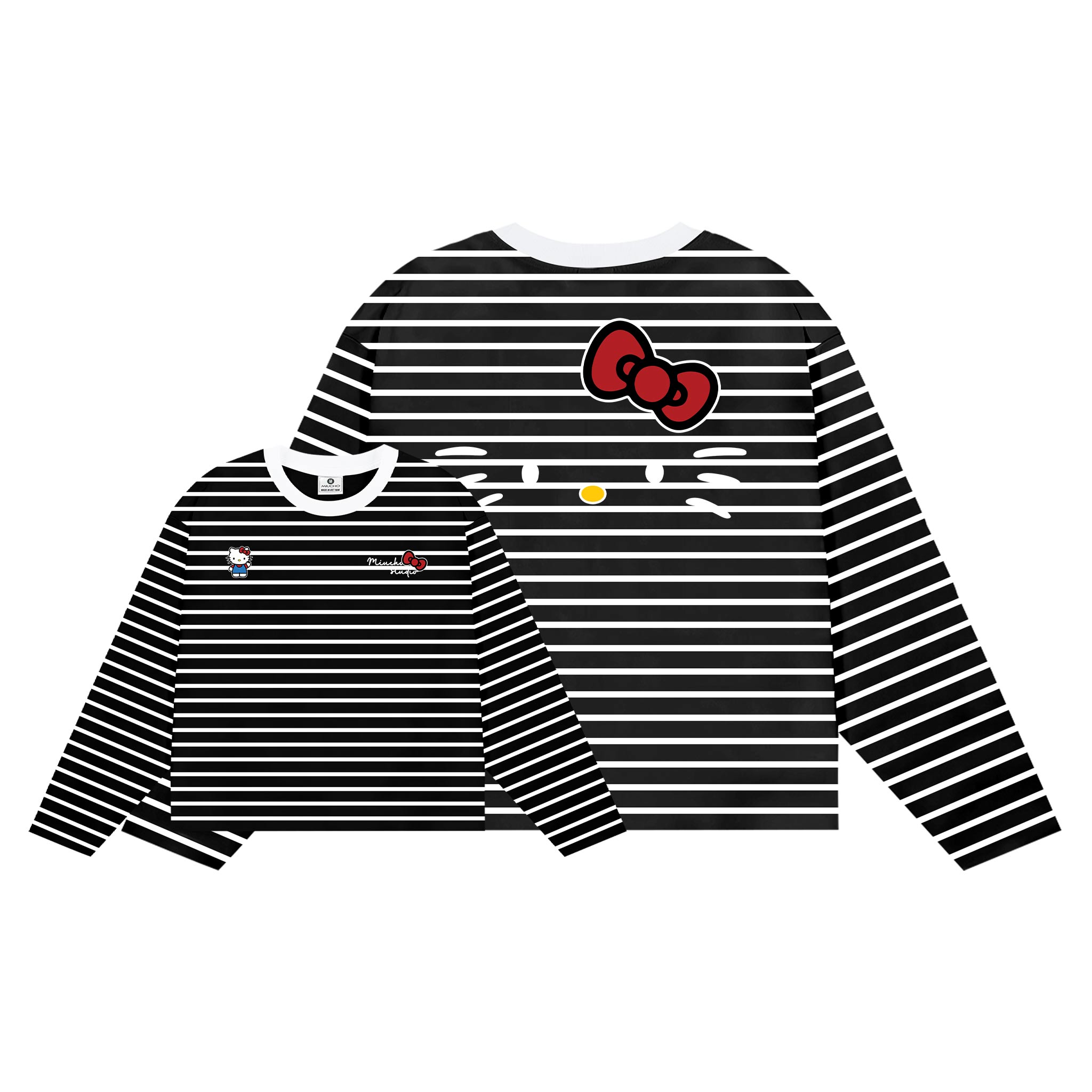 Áo thun boxy tay dài Miucho vải rib thoáng mát mềm mại co giãn tốt cổ tròn kẻ sọc kitty in mix 2691