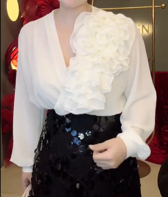 Áo Cổ V Tay Bồng Hoa Ngực