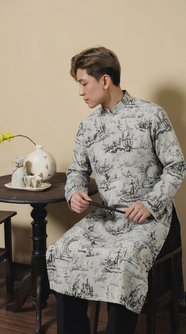 Áo Dài Nam Trắng Họa Tiết Mực Tàu_thumbnail_1