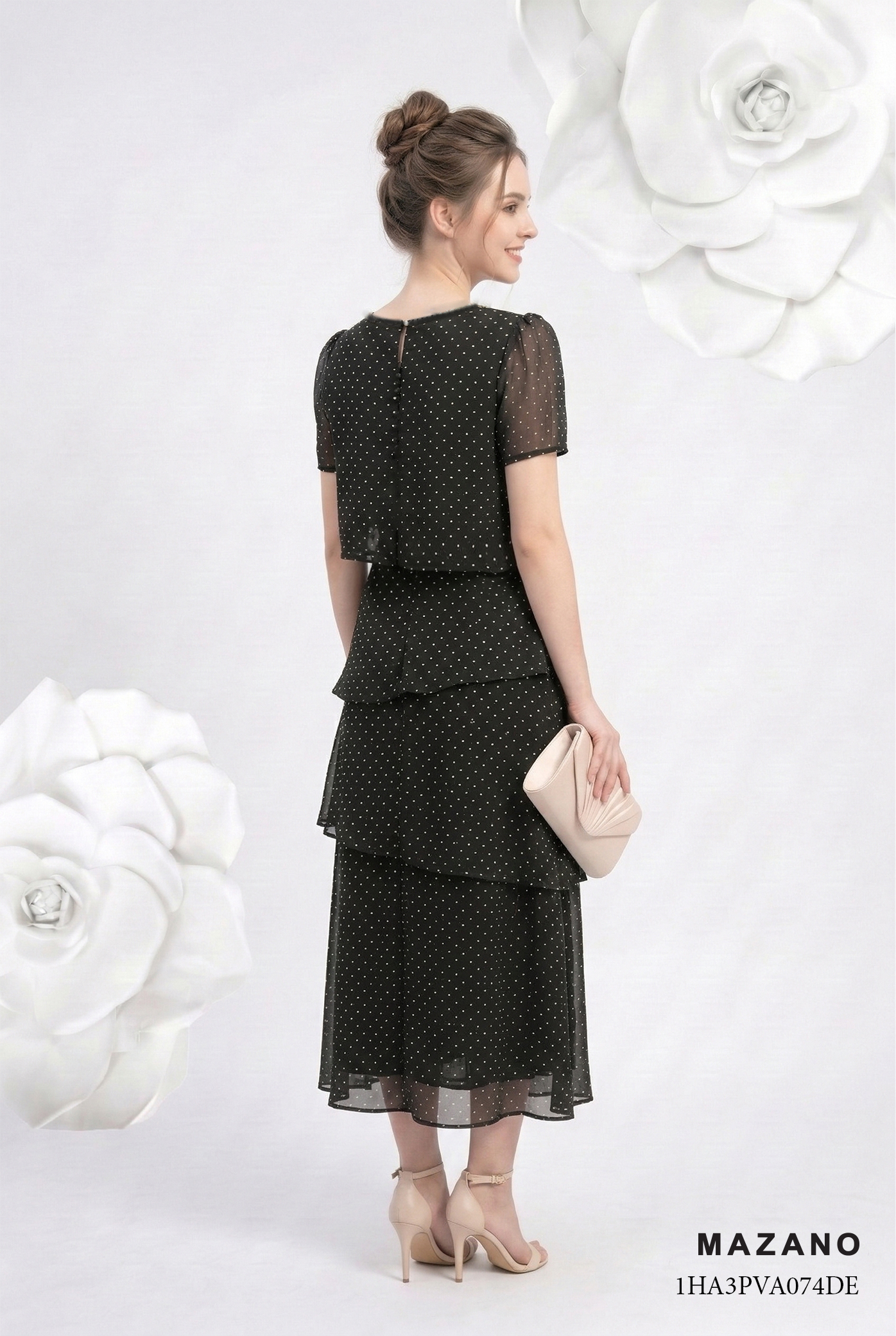 Đầm voan mỏng họa tiết chấm bi dáng suông A phân tầng cổ tròn tay ngắn đính hạt đá  thiết kế MAZANO_thumbnail_3