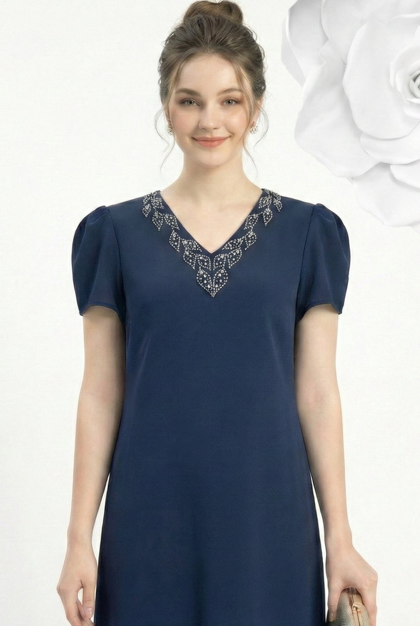 Đầm voan dày xanh than đơn sắc dáng suông cổ V tay ngắn đính hạt thiết kế MAZANO