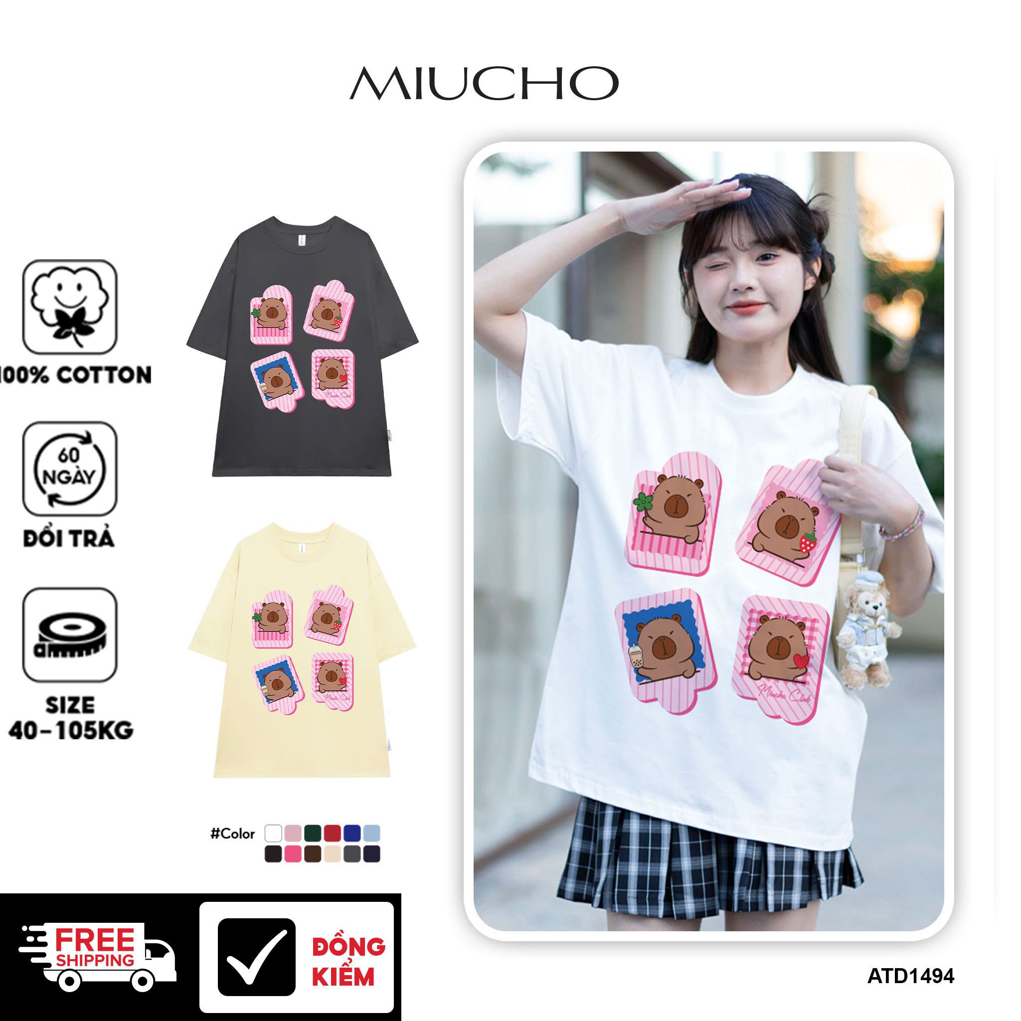 Áo phông form rộng Capybara unisex ATD1494 Miucho vải cotton thoáng mát cổ tròn in mix