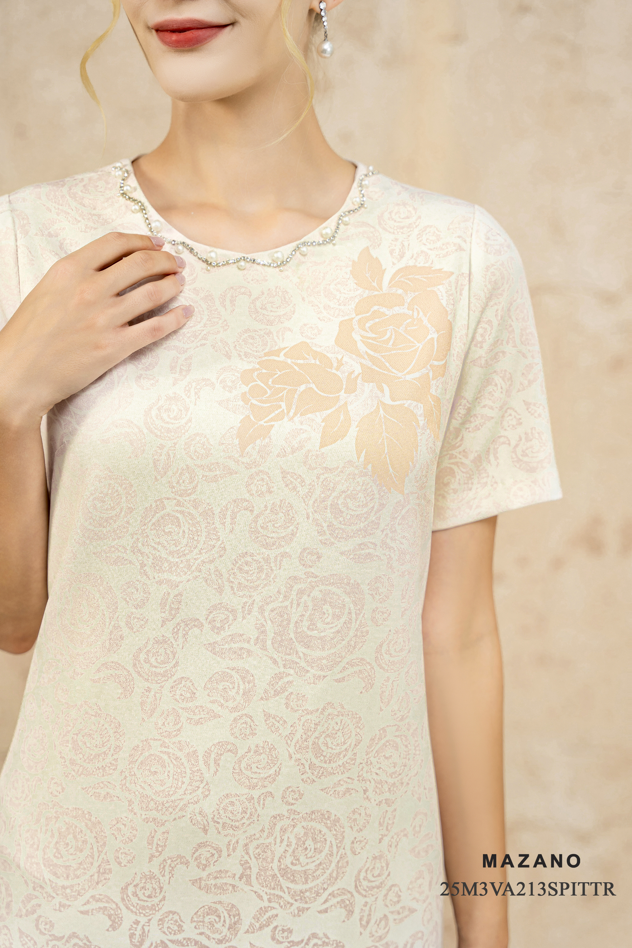 Váy đầm suông Vải thô chun Họa tiết hoa chìm bố cục Cổ tròn Tay ngắn Dài đến bắp chân_thumbnail_3