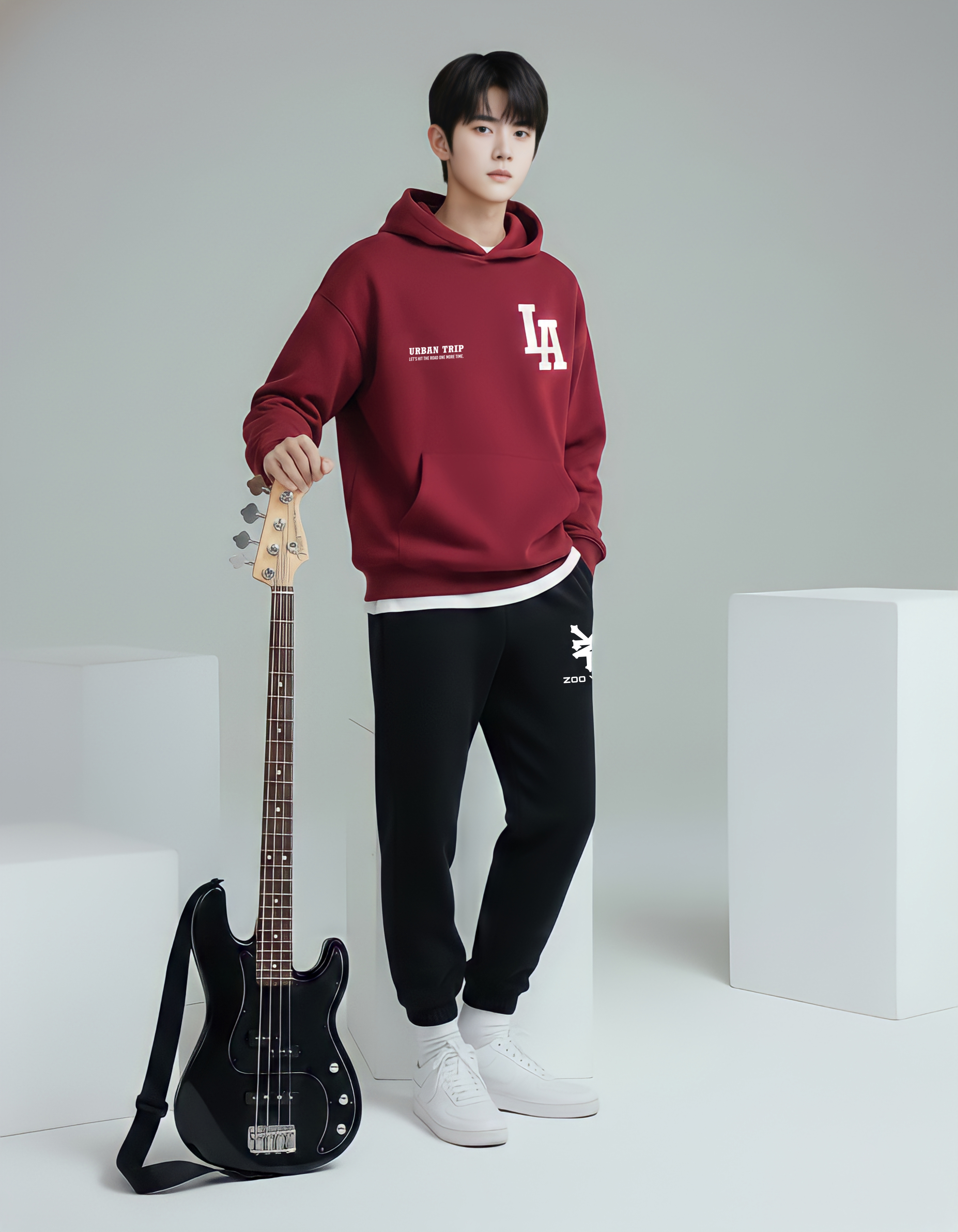 Áo nỉ hoodie đỏ đô túi ngực in chữ_thumbnail_4