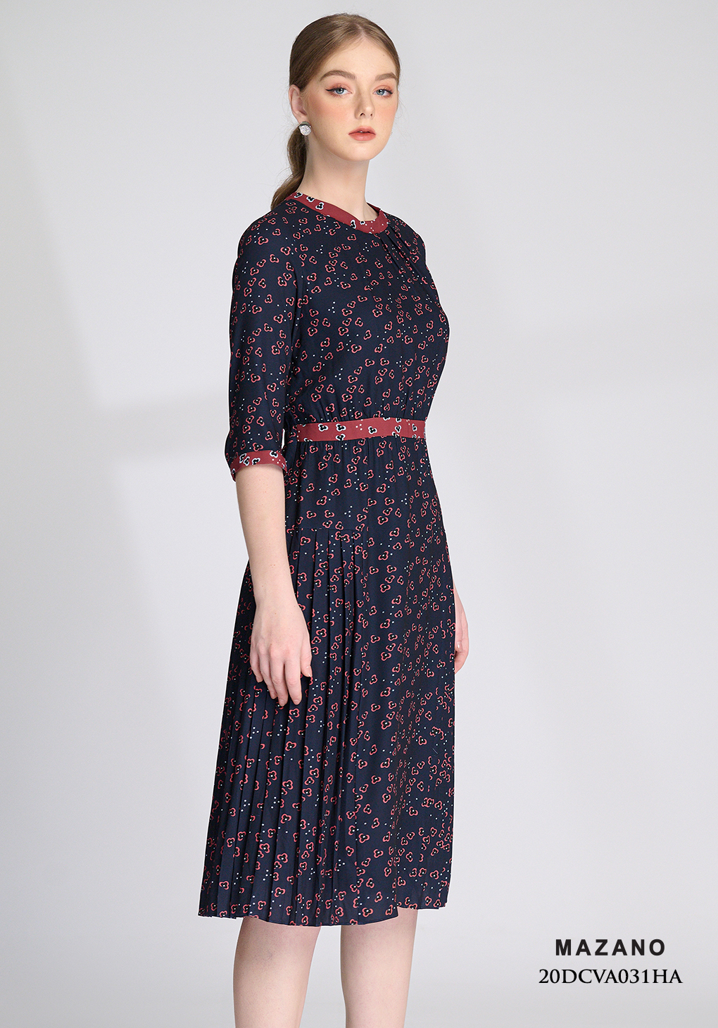 Đầm xanh than in hoa nhí xếp ly phối màu nhấn eo_thumbnail_2