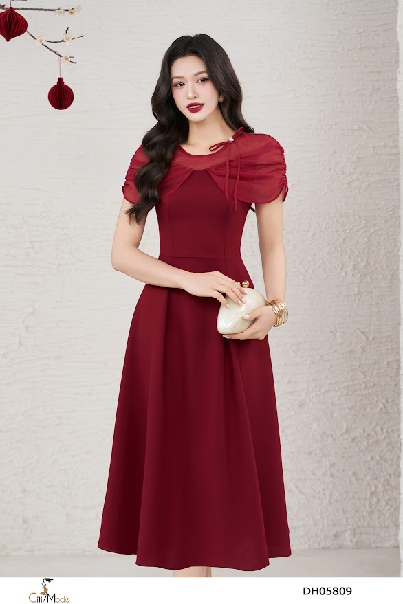 Đầm xòe đỏ mận cổ tròn phối tơ đính nơ