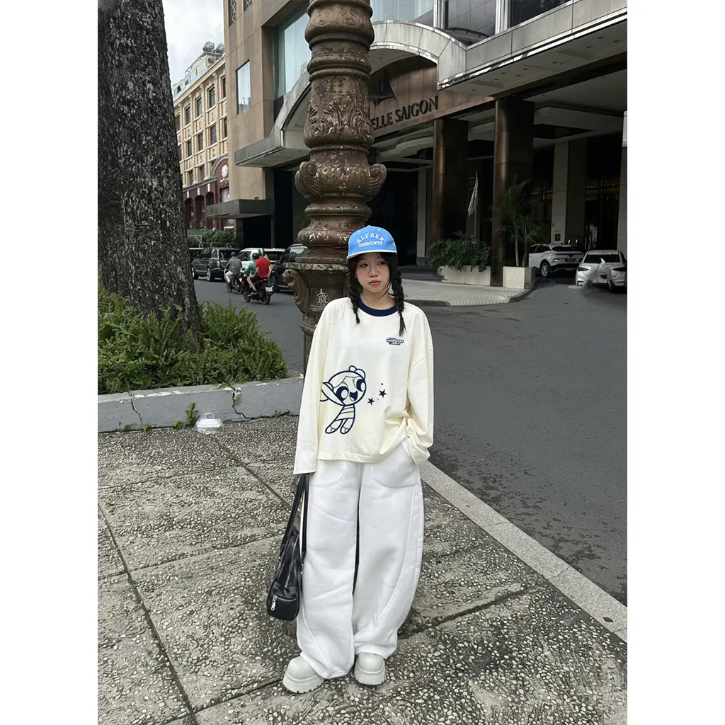 Áo thun boxy tay dài Miucho chất vải thoáng mát giữ form Powerpuff Girl phối cổ mix màu xanh đen 2815_thumbnail_7