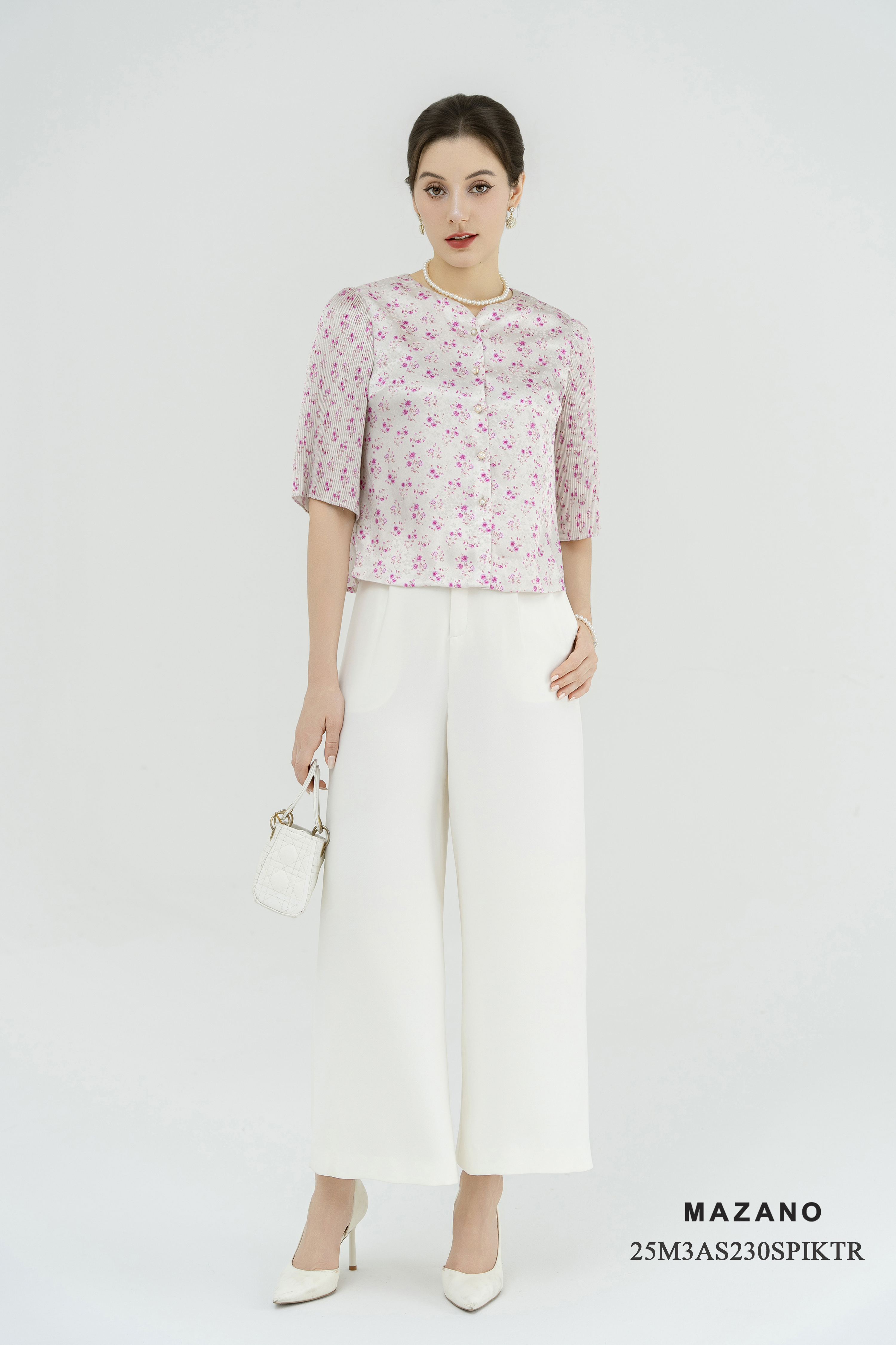 Áo Top suông cài khuy Vải lụa gấm Họa tiết hoa hồng Cổ tròn Tay dập ly Dài dưới eo_thumbnail_2