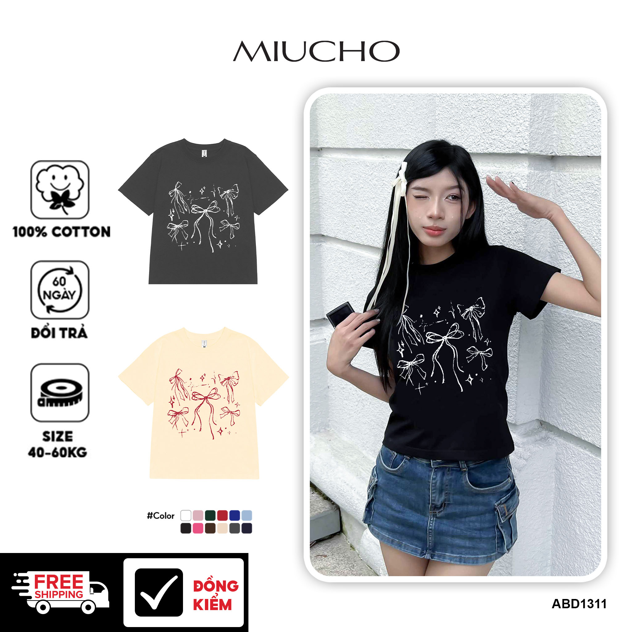 Áo thun baby tee nơ conquette xinh form ôm ABD1311 Miucho tay ngắn cổ tròn hotrend in mix