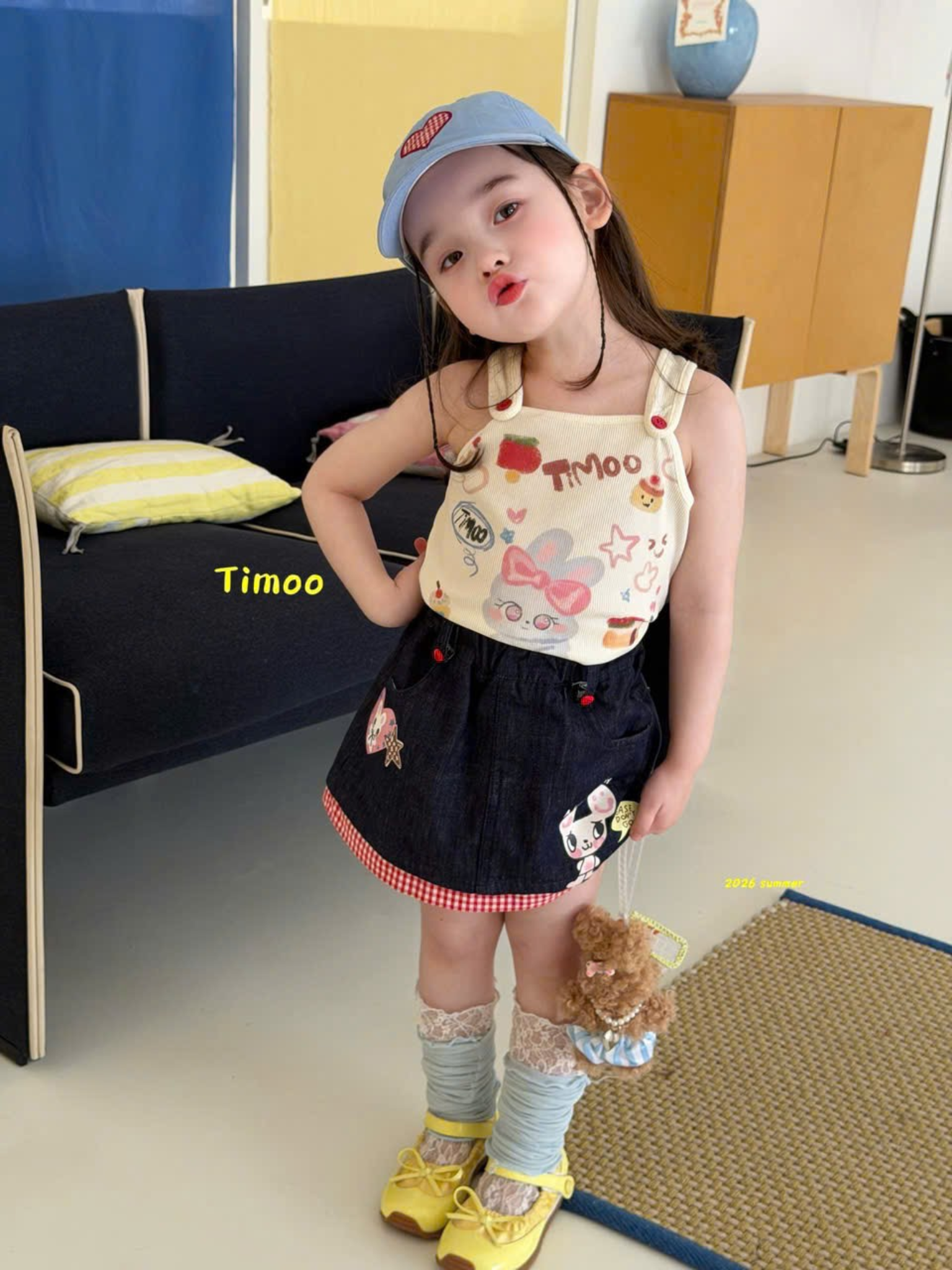 A109 - Chân váy jean hình in thú phối caro hãng Timoo