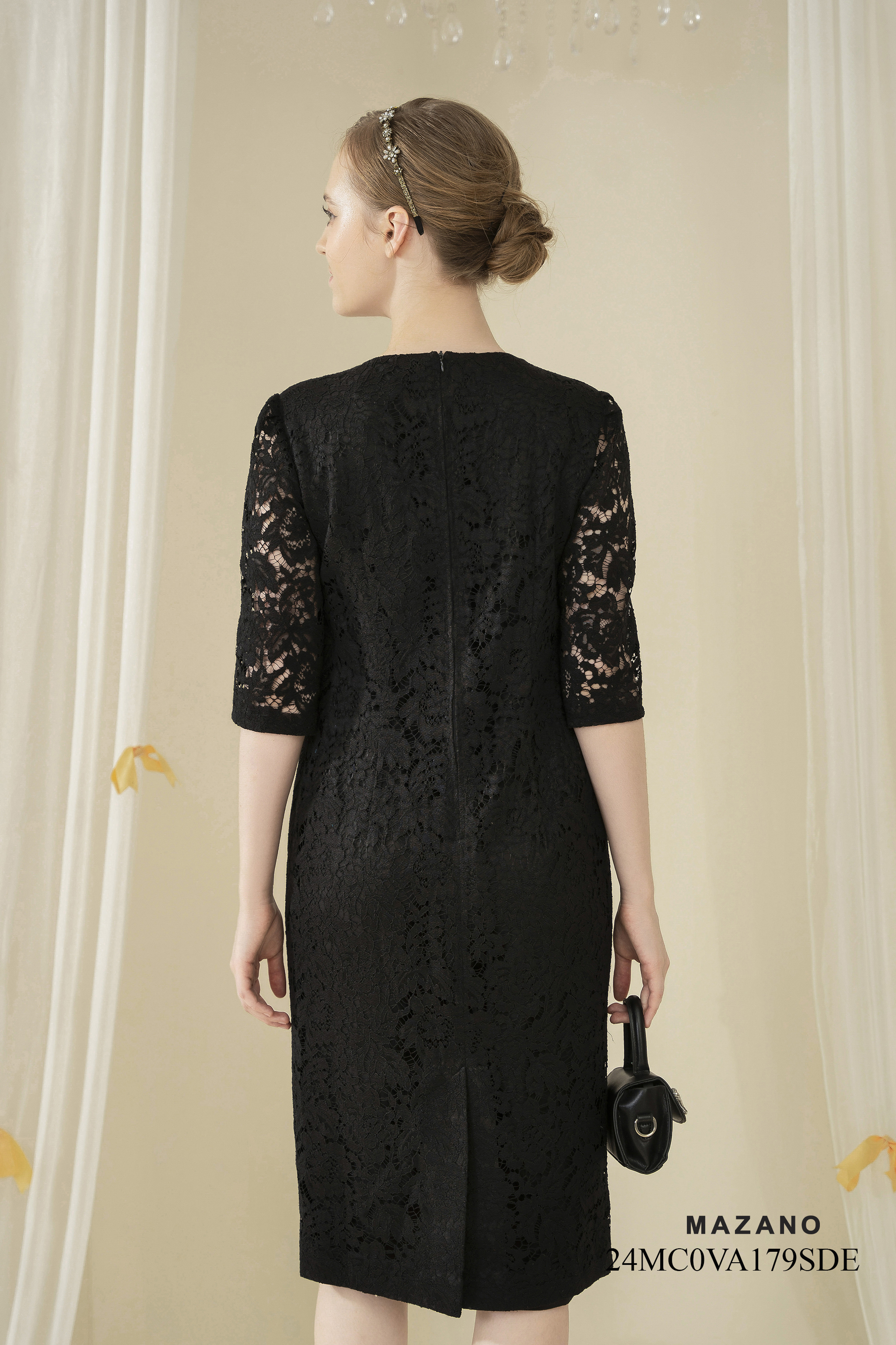 Váy Đầm suông Vải Thô phối Ren trang trí Cổ tròn đính đá Dài tới bắp chân_thumbnail_6