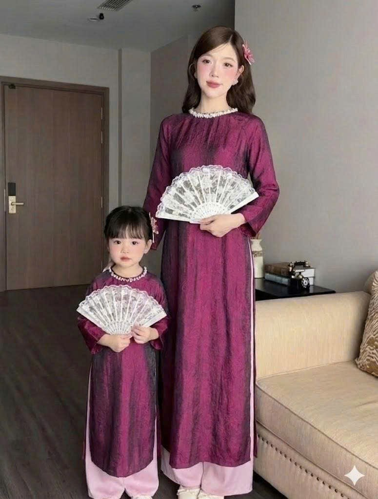 [D12] Bộ áo dài cổ đính ngọc TENO dành cho mẹ và bé