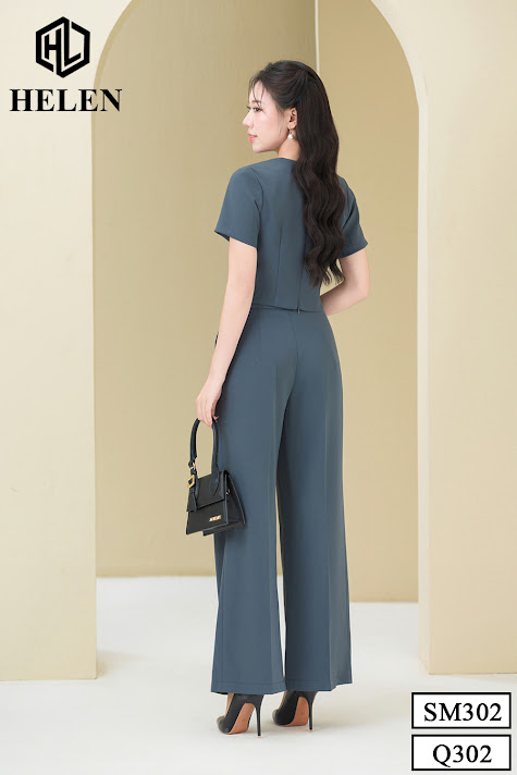 SET sơ mi phối cổ trắng  đính cúc bọc +quần suông màu ghi SET302Q