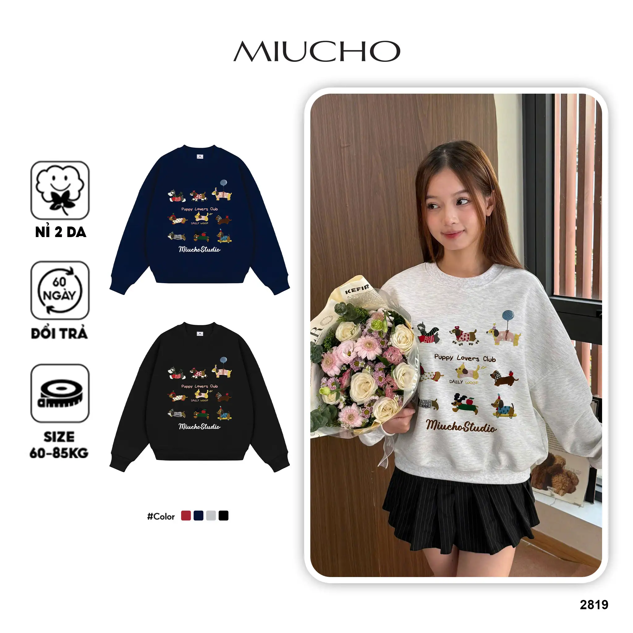 Áo Sweater form boxy Miucho nỉ 2 da dày dặn thoáng mát thoải mái Puppy lovers club in mix 2819