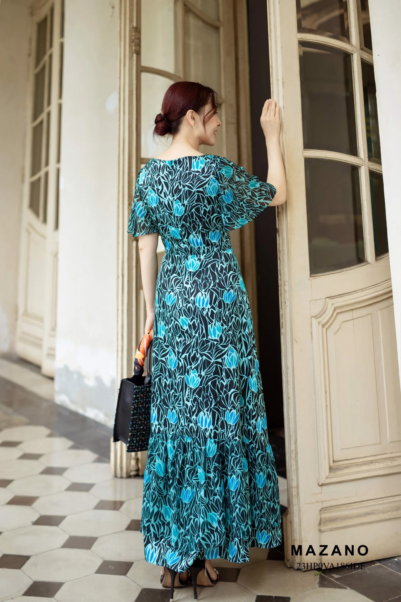 Váy đầm Ôm Vải voan Họa tiết hoa in Chân phối bèo Cổ cách điệu Tay ngắn Dài đến mắt cá chân_thumbnail_4