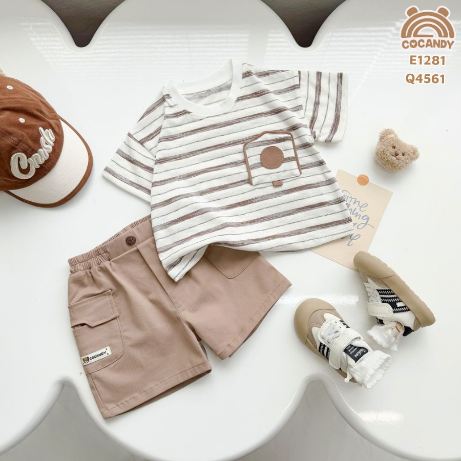 Áo cộc cotton kẻ NÂU BE phối túi ngực hòm thư_thumbnail_1