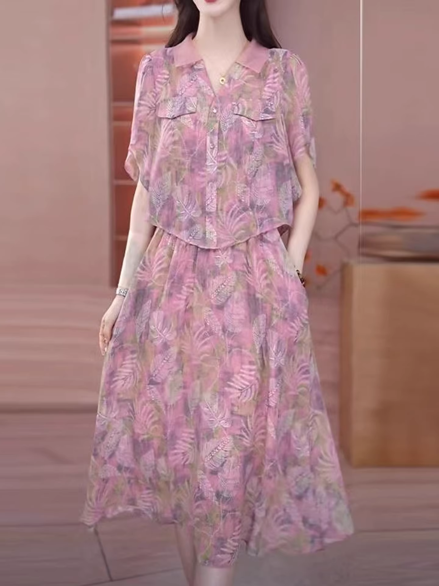 17972-Đầm xòe tay lở giả rời  in hoa  5D cổ bẻ kết nút cách điệu ( voan , lót)_thumbnail_1