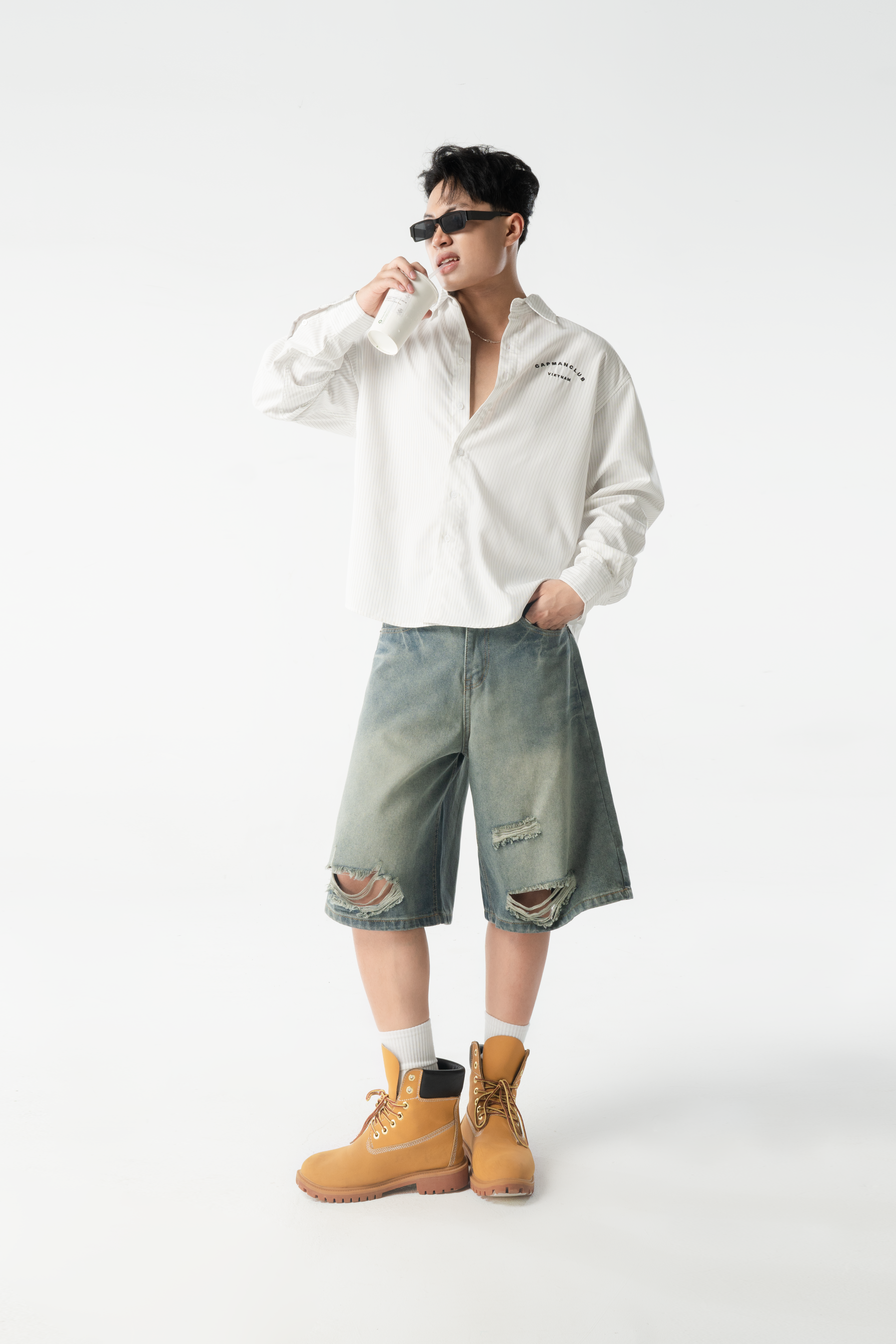 Quần short lửng BRUZE phối wash hoạt tiết rách, form rộng phù hợp nam và nữ_thumbnail_3