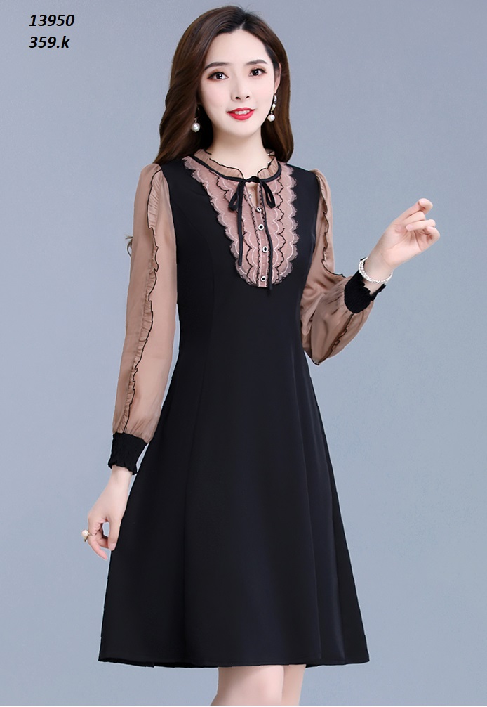 13950-Đầm suông tay lở cổ nhún viền bèo thắt nơ ( thun mịn, tơ nhung)FREESHIP_thumbnail_2