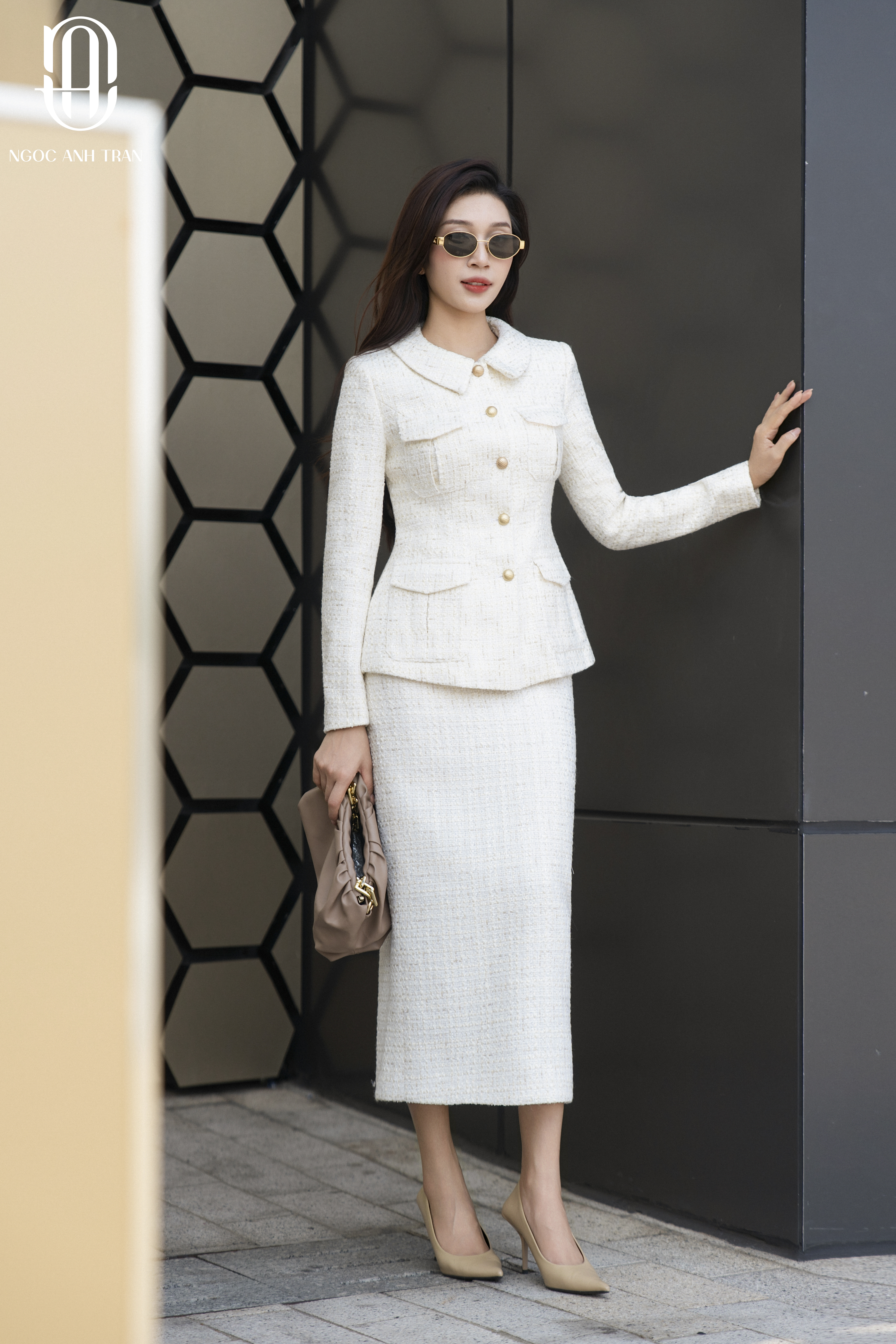 A225 - Set áo dạ dài tay phối chân váy dáng dài