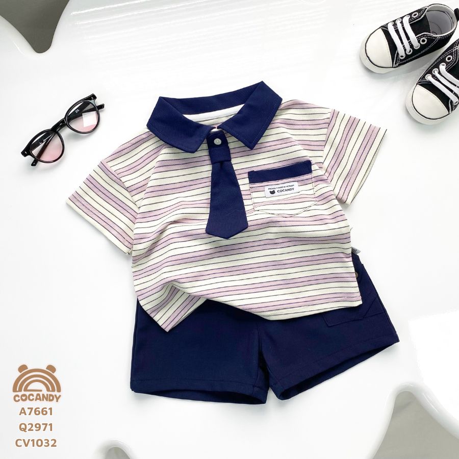 Áo cộc polo TÍM NHẠT kẻ ngang phối cổ X.THAN túi ngực COCANDY