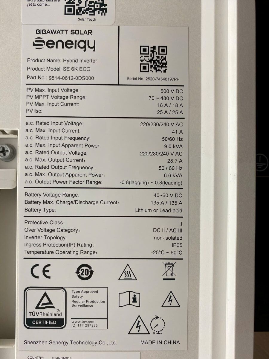 Tem thông số kỹ thuật của Inverter Hybrid Senergy 6K ECO