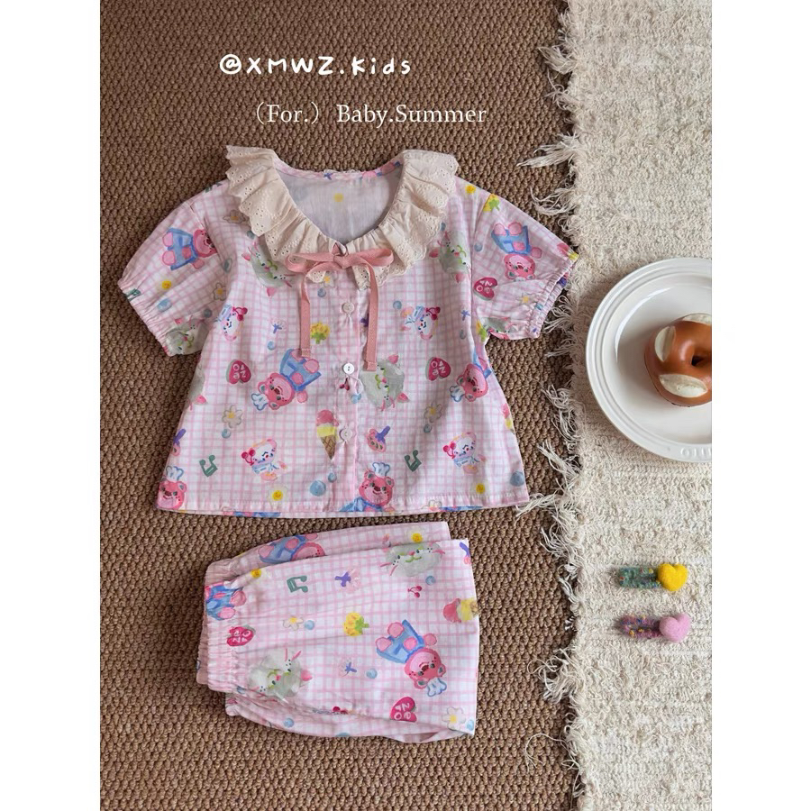 (S45) set Pijama cổ bèo họa tiết gấu màu hồng sz90-130_thumbnail_0