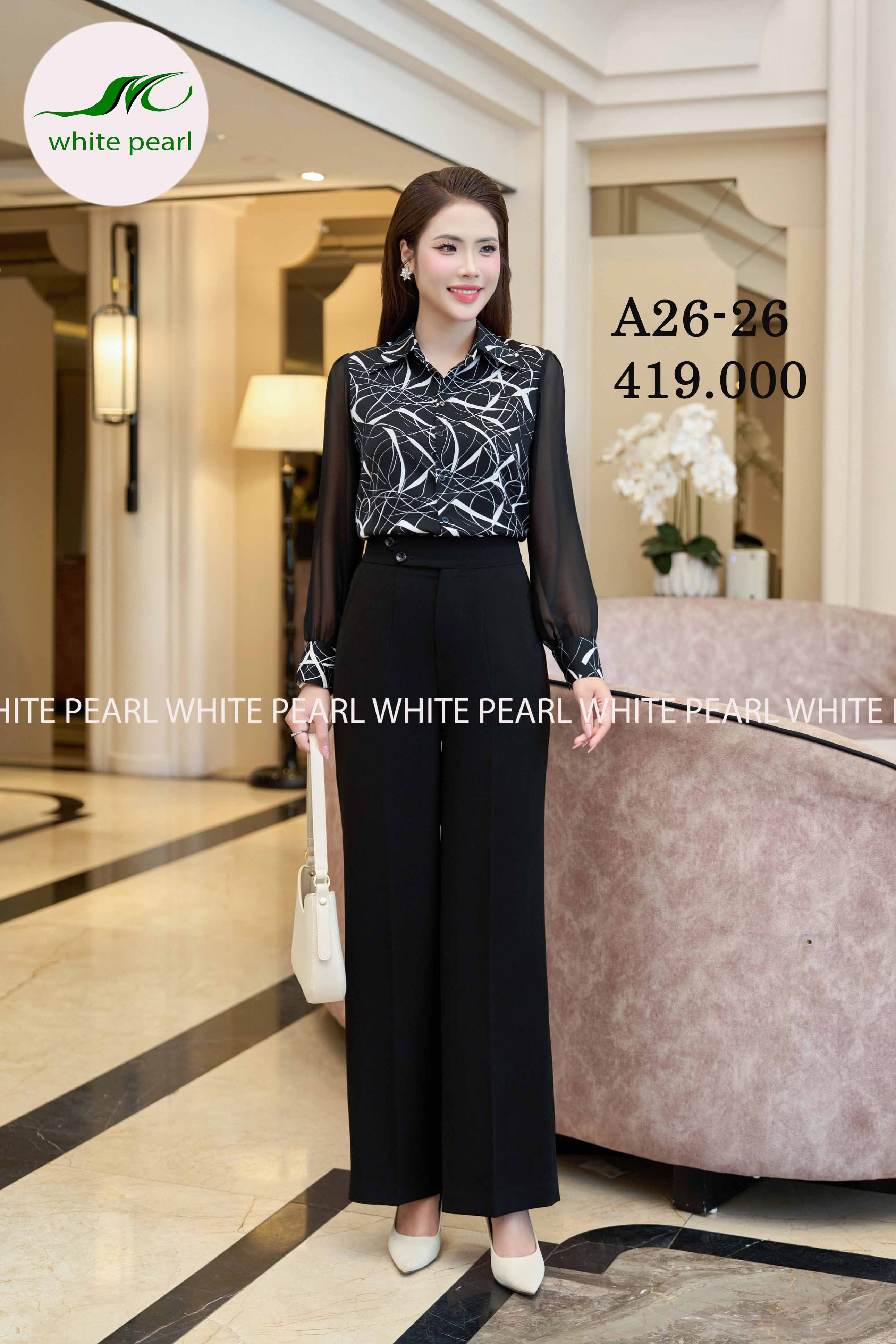 Áo sơ mi cổ đức pha tay kết hợp quần ống suông 1 ly thời trang công sở cao cấp White Pearl