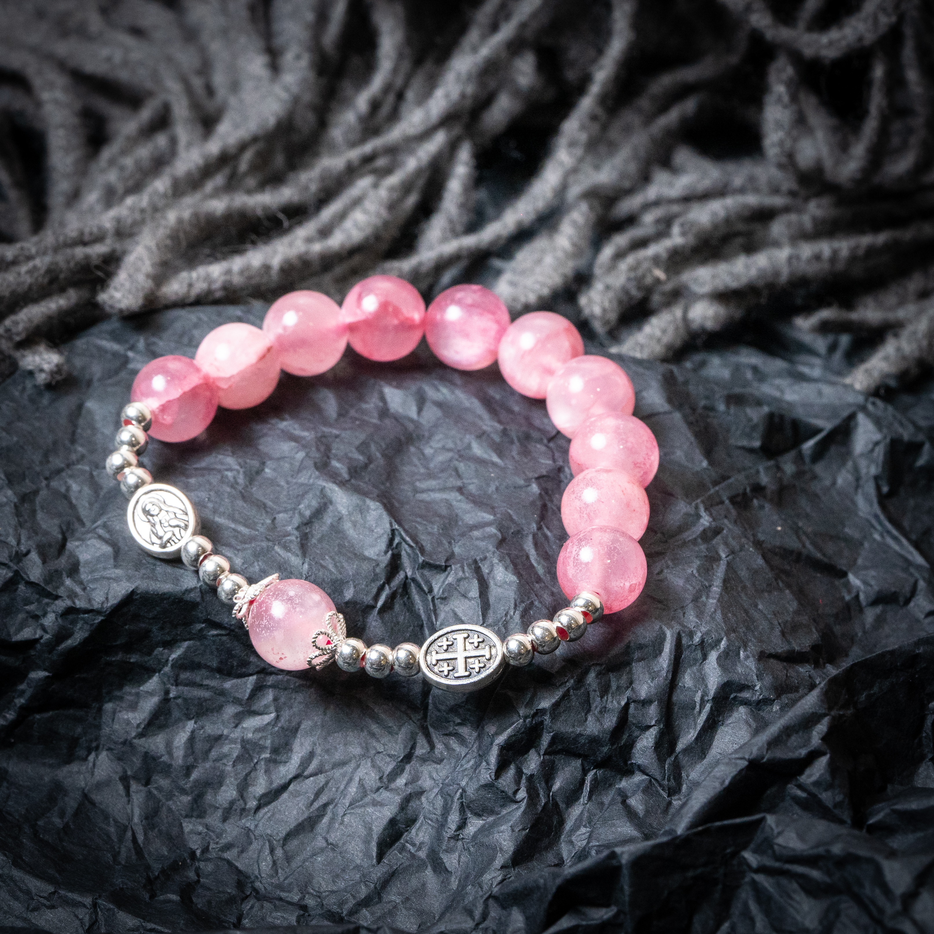 Vòng đeo tay Mân Côi Mẫu đá Light Rose Red Afghanistan mix hạt bạc S925 và hạt hợp kim VTS01