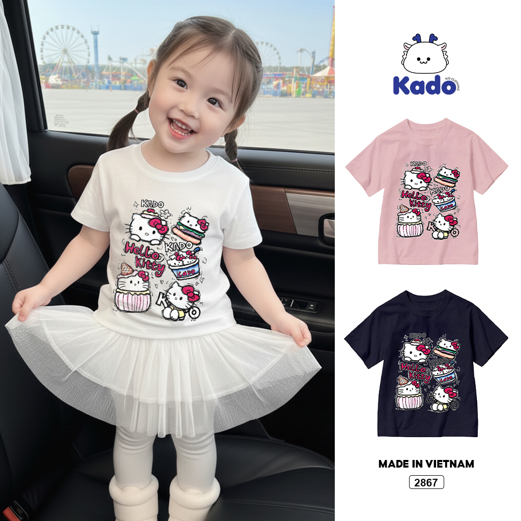 Áo thun cho bé gái Kado vải cotton thoáng mát dày dặn Hello Kitty cổ tròn in mix 2867