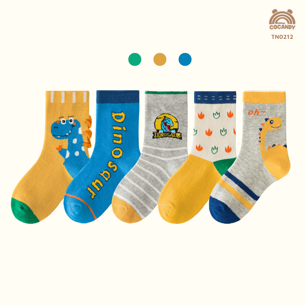 Set 5 đôi tất VÀNG khủng long phối XANH THAN