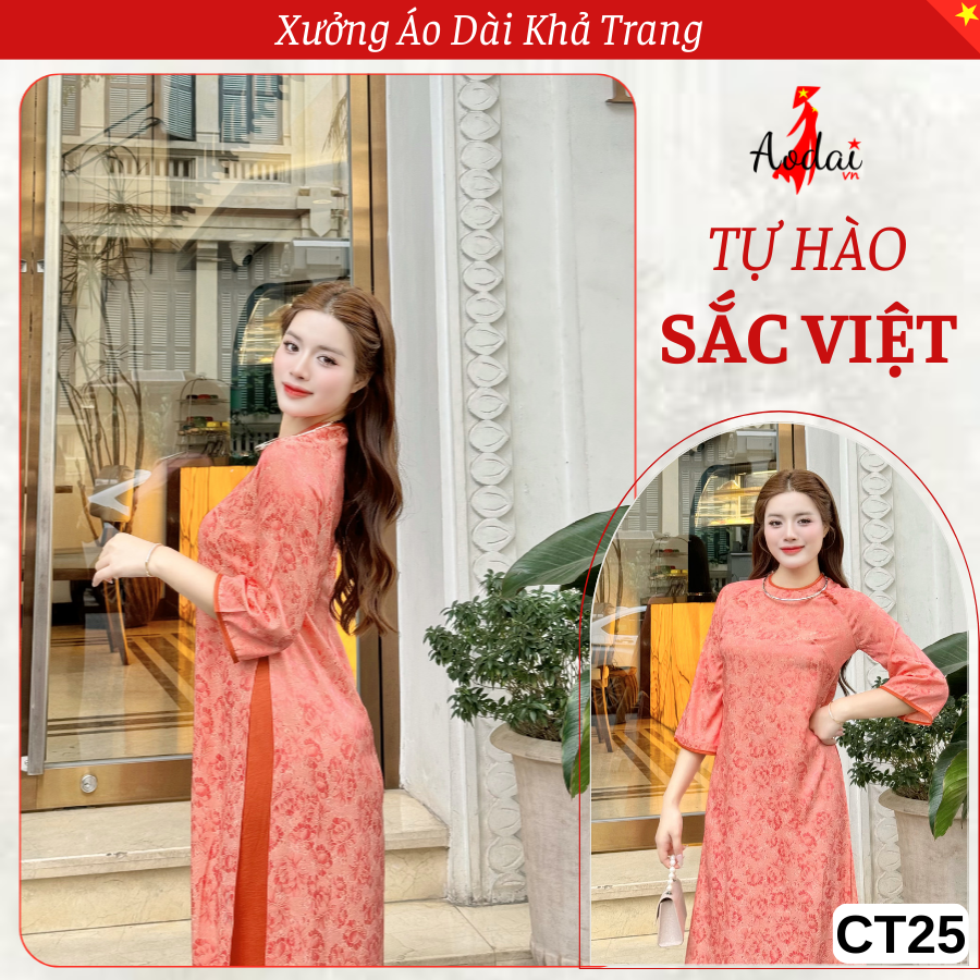 Bộ Áo Dài Cách Tân Gấm Dáng Suông CT25 màu Cam Cổ Tròn Tay Lỡ Hoa Sen Đá_thumbnail_3