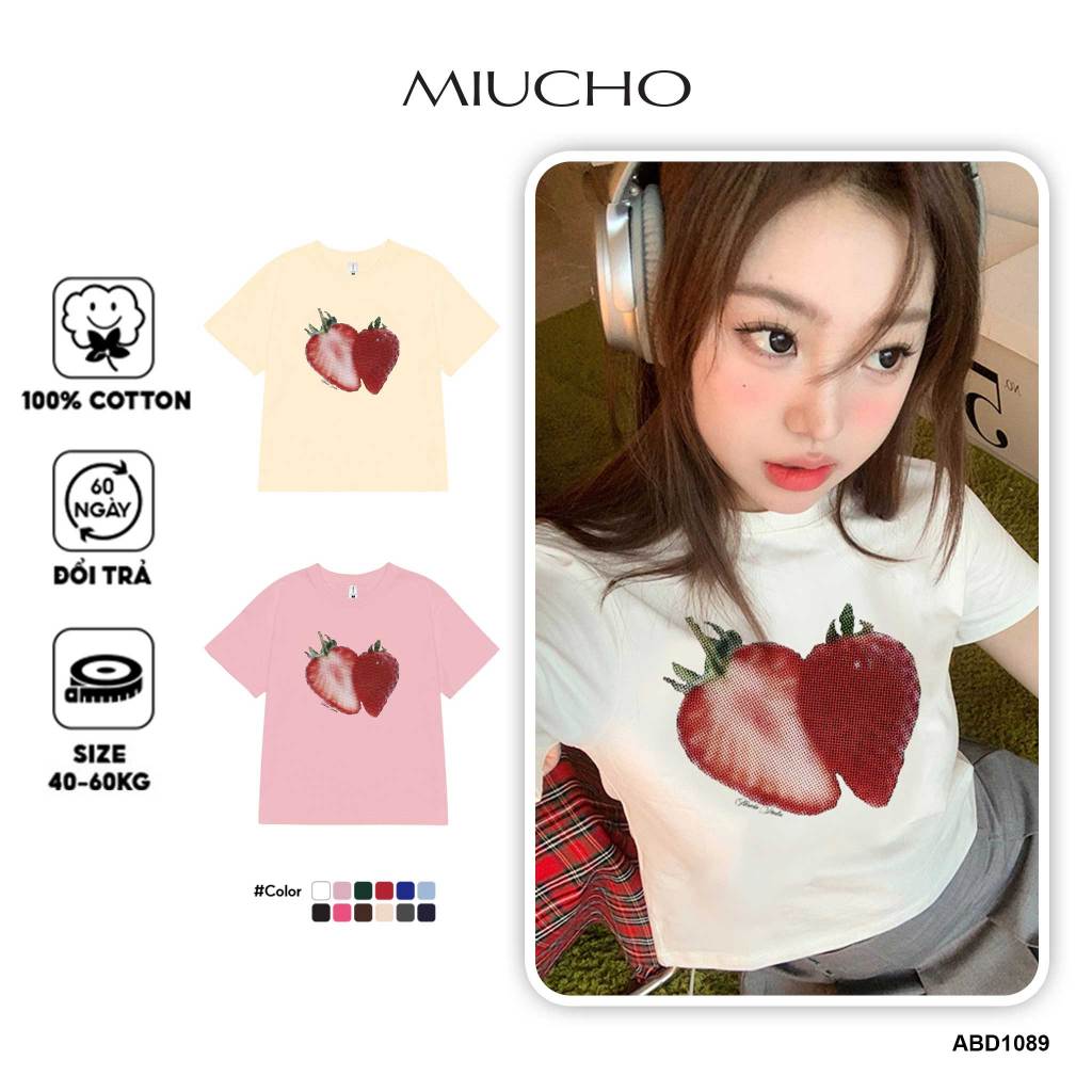 Áo thun baby tee hình quả dâu form ôm xinh xắn ABD1089 Miucho tay ngắn Cổ tròn hotrend in mix_thumbnail_7