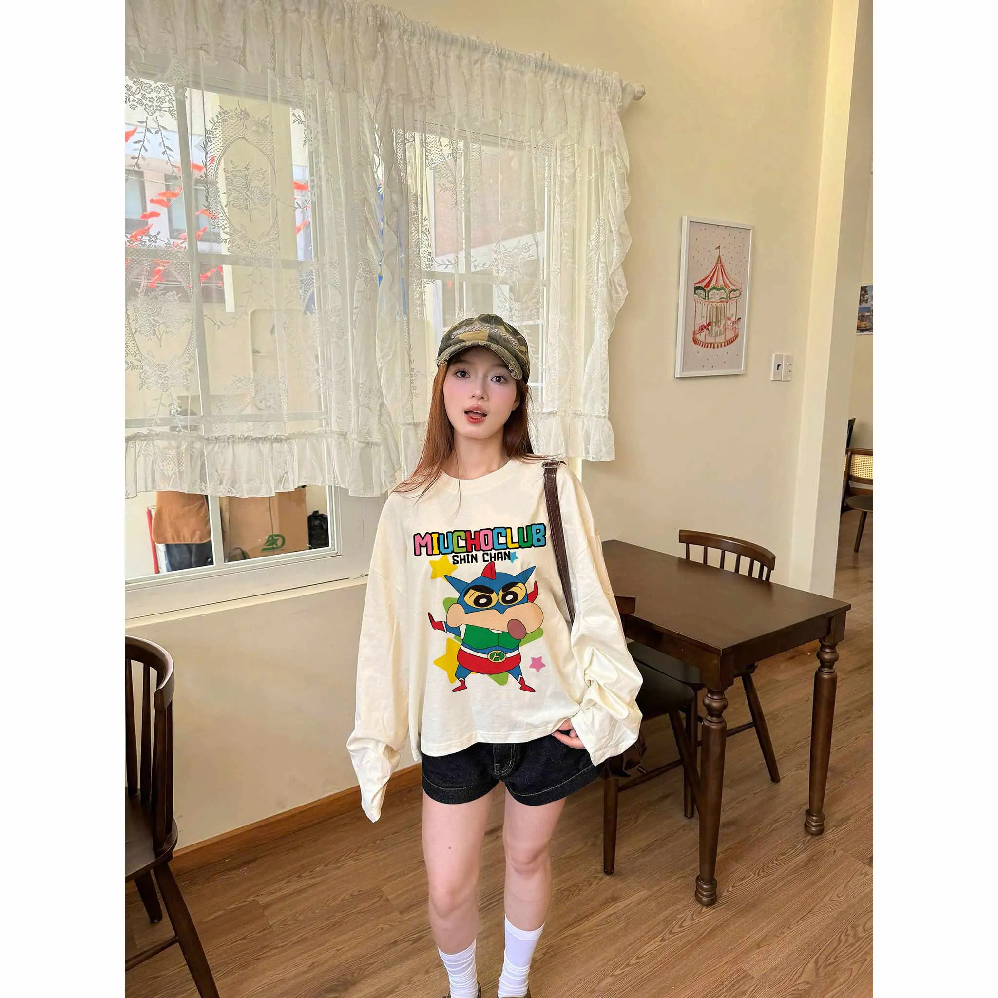 Áo thun boxy tay dài SHIN CHAN 2641 Miucho vải cotton co giãn 2 chiều thoáng mát thấm hút tốt_thumbnail_5