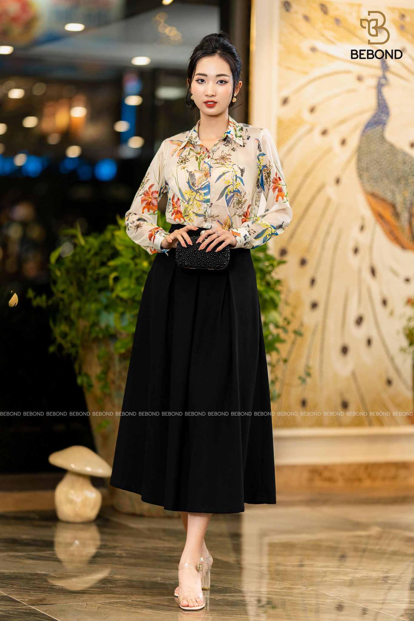 Set áo sơ mi Doris - chân váy xòe trượt ấn Kaylin