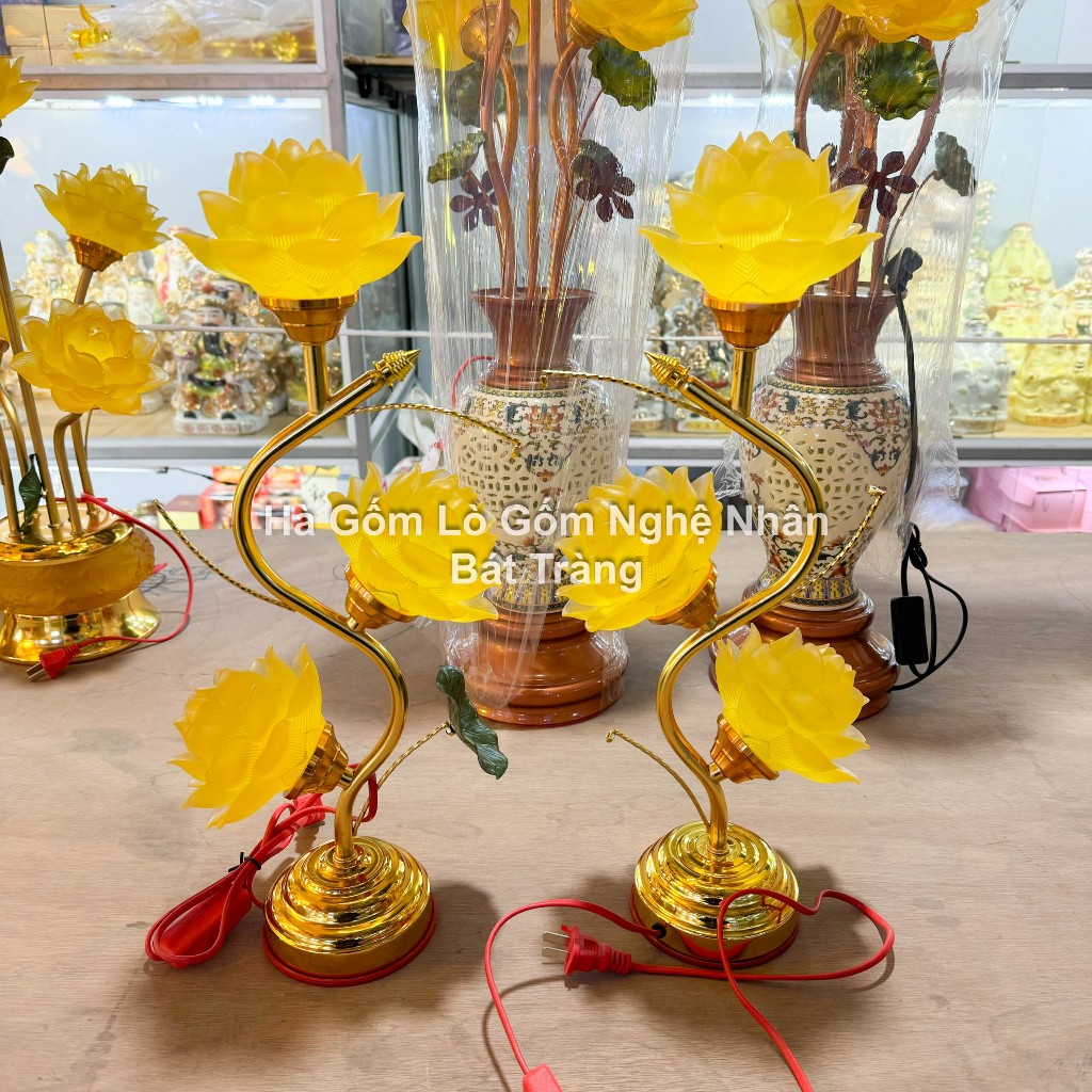 Đôi Đèn Hoa Sen Lưu Ly Chân Đế Hợp Kim 5 Bông Hoa Sen Nở - Nhiều Mẫu Sang Xịn - Hàng Nhập Khẩu_thumbnail_4