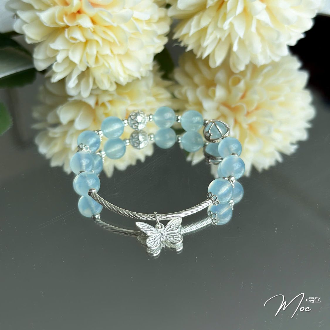 LT627 - Lắc tay aquamarine mix bạc hồ điệp