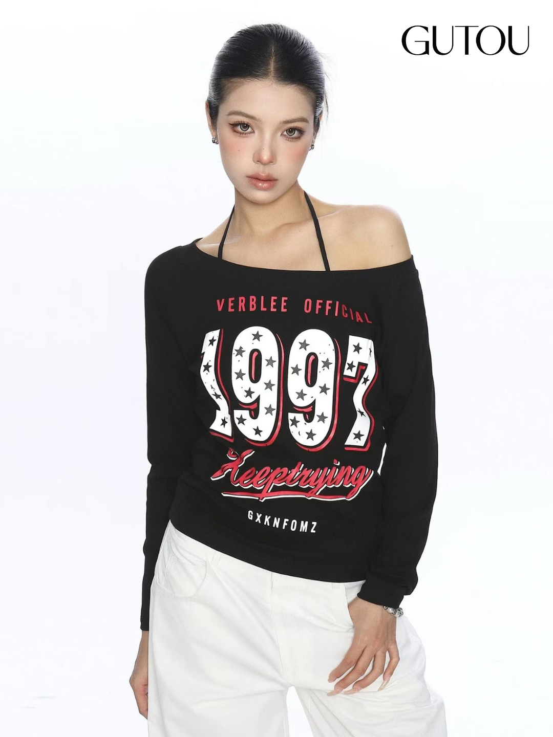 [ GUTOU ] Áo Thun Tay Dài Trễ Vai Retro 1997