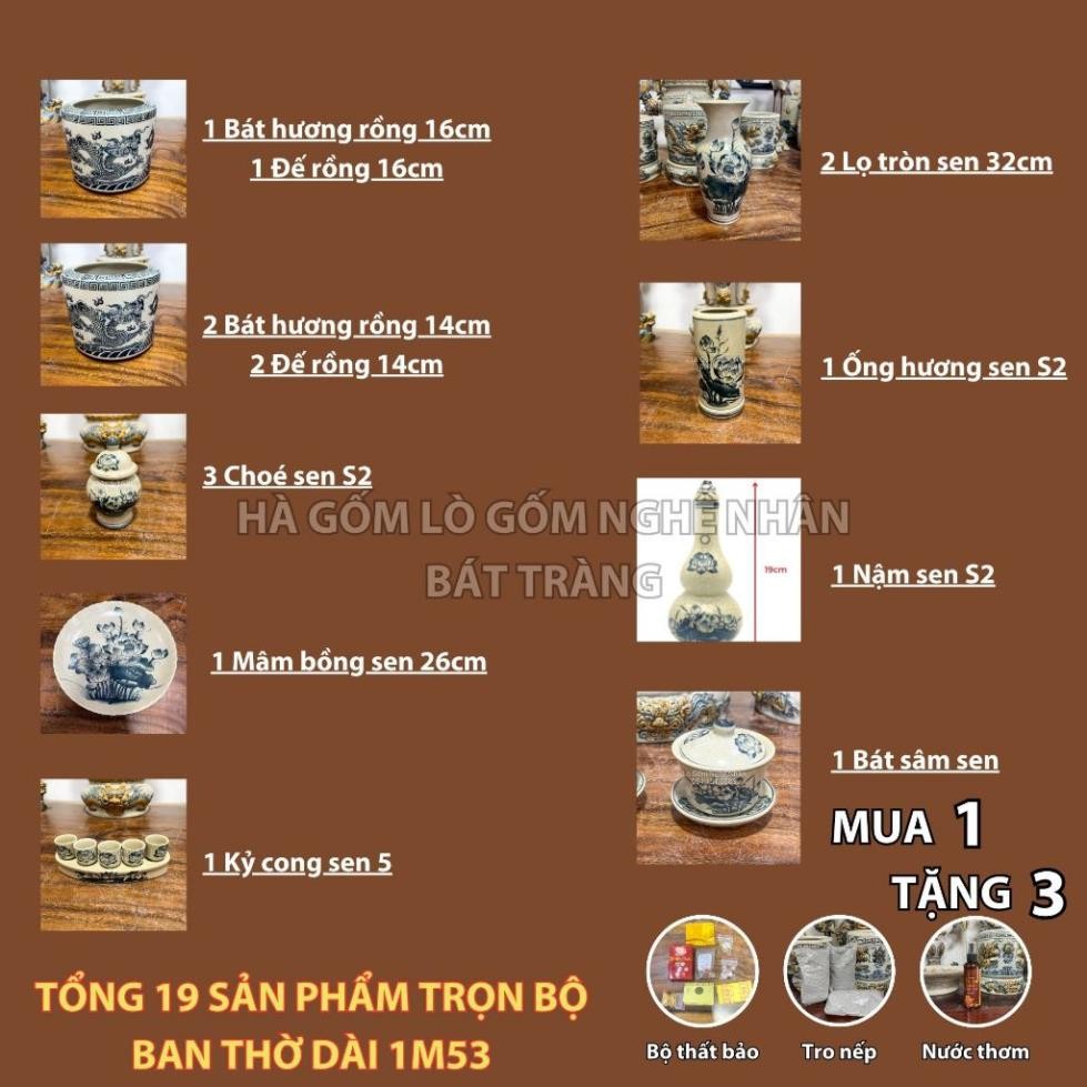 HG122 Đồ Thờ Cúng Bộ 19 món ban thờ 1M53 men rạn trơn nghệ nhân Bát Tràng chế tác TẶNG Thất Bảo, Tro Nếp_thumbnail_1