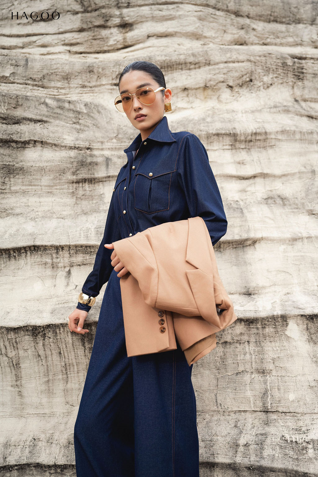 Áo sơ mi bò lụa can cầu ngực túi ốp HAGOO