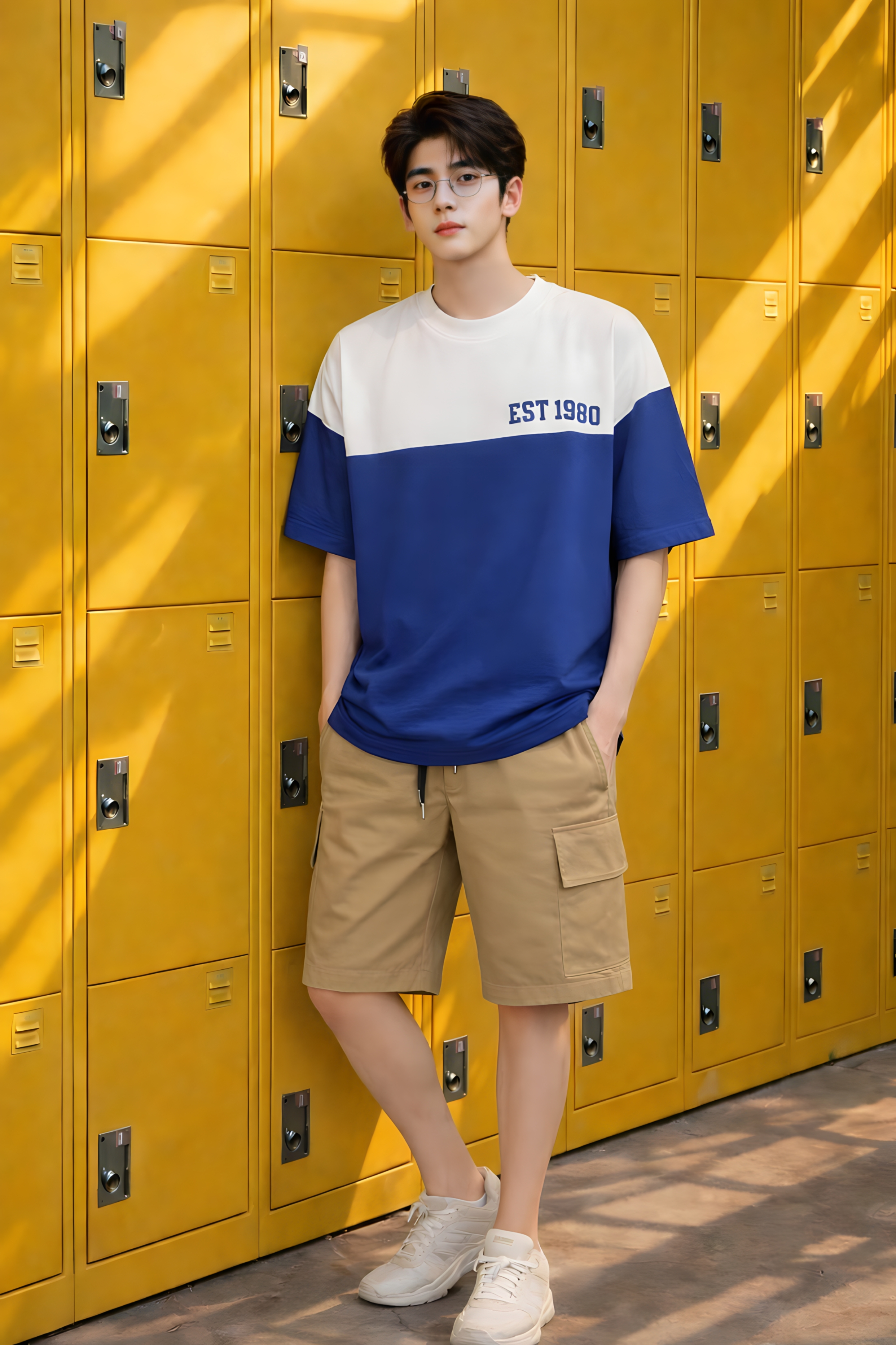 Áo phông dáng rộng màu coban phối trắng in chữ_thumbnail_5