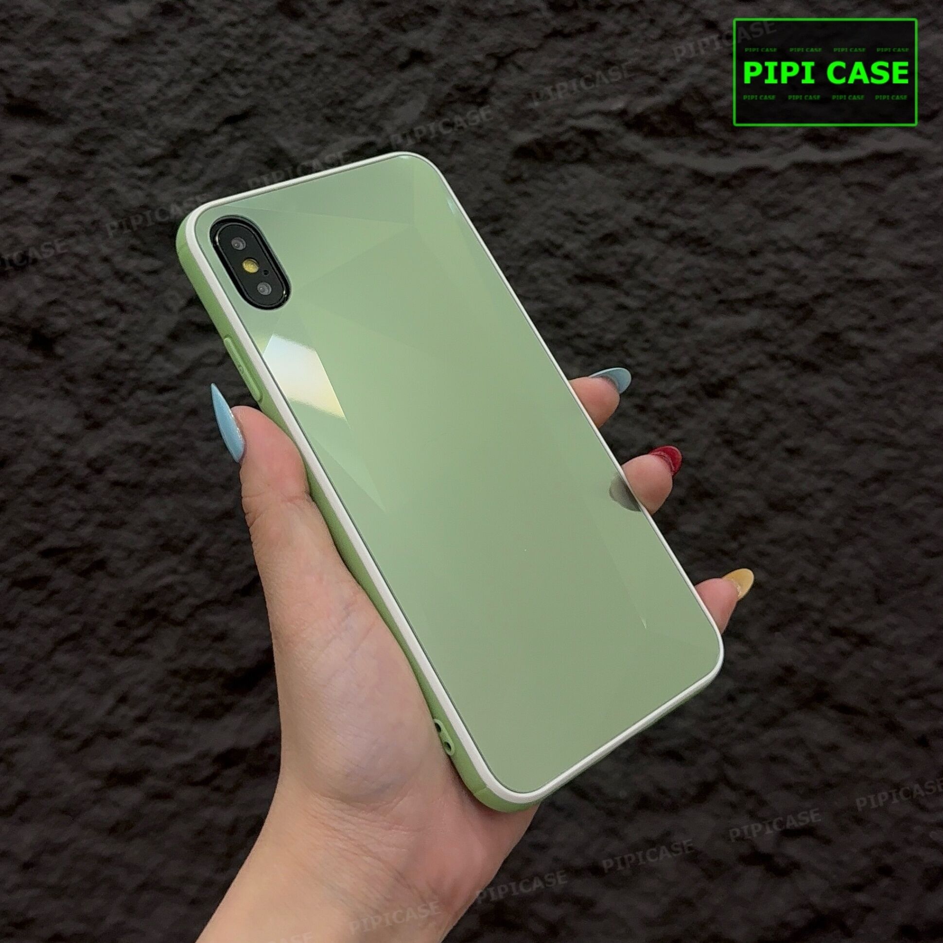 Ốp Lưng iPhone X / XS - Kim Cương 6D - Xanh Viền Trắng